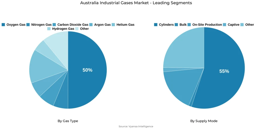 Pie chart showing Australia industrial gases market segmentation by gas type and supply mode