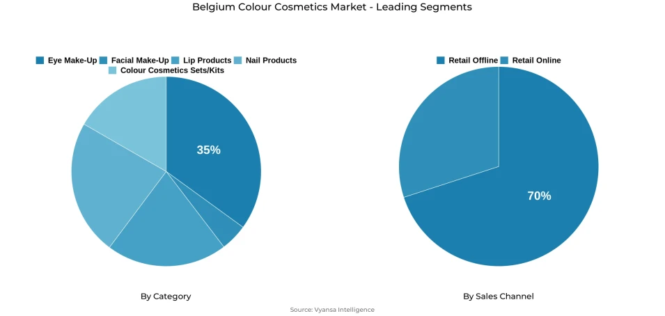 Pie chart showing Belgium colour cosmetics market segmentation by category and sales channel