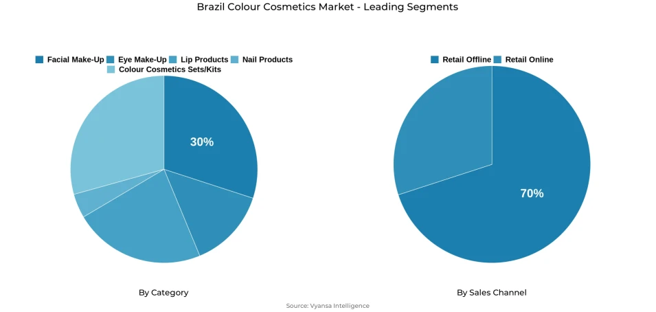 Pie chart showing Brazil colour cosmetics market segmentation by category and sales channel