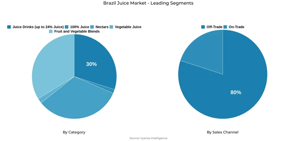 Pie chart showing Brazil juice market segmentation by category and sales channel