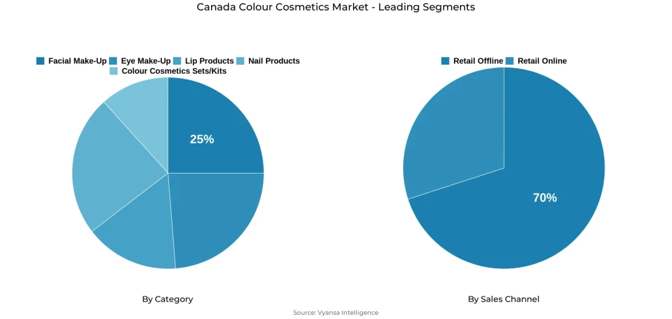 Pie chart showing Canada colour cosmetics market segmentation by category and sales channel