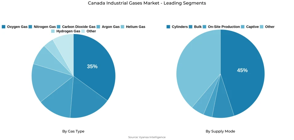 Pie chart showing Canada industrial gases market segmentation by gas type and supply mode