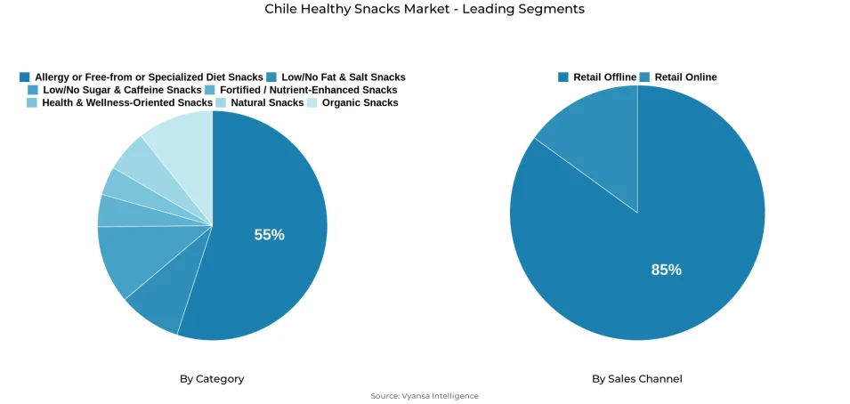 Pie chart showing Chile healthy snacks market segmentation by category and sales channel