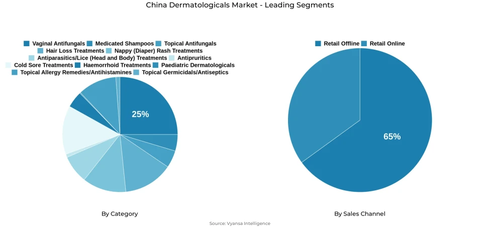 Pie chart showing China dermatologicals market segmentation by category and sales channel