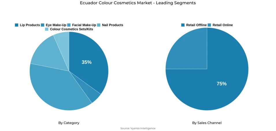 Ecuador colour cosmetics market segmentation overview Pie chart showing Ecuador colour cosmetics market segmentation by category and sales channel