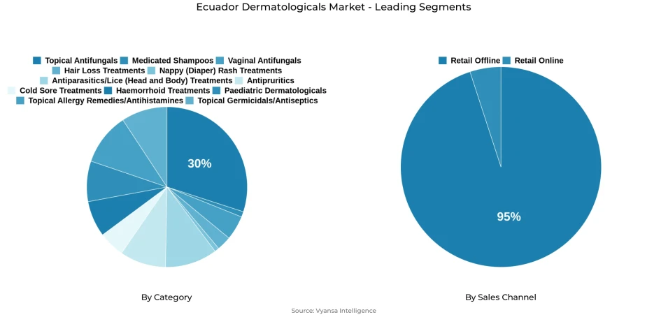 Pie chart showing Ecuador dermatologicals market segmentation by category and sales channel