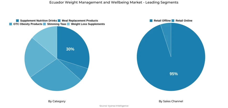Ecuador weight management and wellbeing market segmentation overview Pie chart showing Ecuador weight management and wellbeing market segmentation by category and sales channel