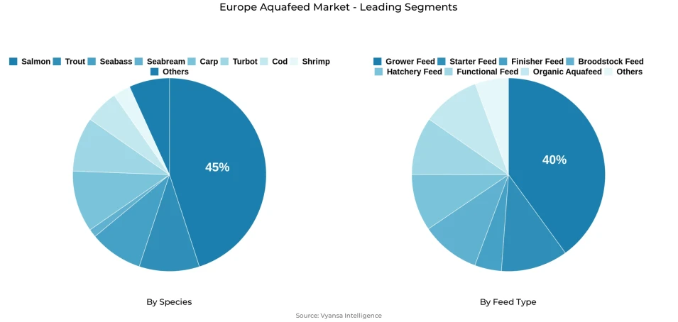 Europe aquafeed market segmentation overview Pie chart showing Europe aquafeed market segmentation by species and feed type