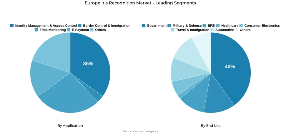 Europe iris recognition market segmentation overview Pie chart showing Europe iris recognition market segmentation by application and end use