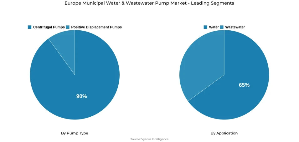 Europe municipal water & wastewater pump market segmentation overview Pie chart showing Europe municipal water & wastewater pump market segmentation by pump type and application