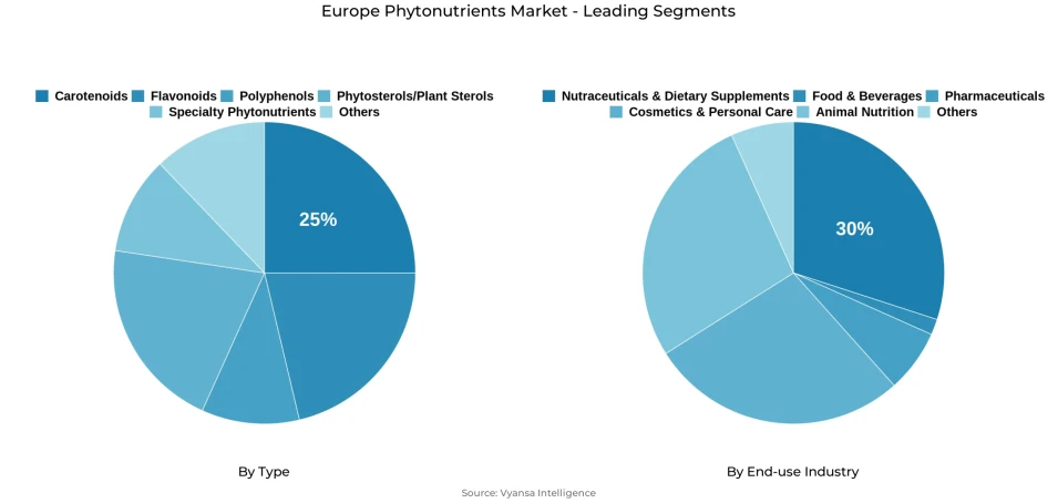 Pie chart showing Europe phytonutrients market segmentation by type and end-use industry