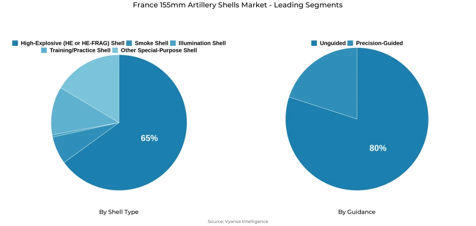 Pie chart showing France 155mm artillery shells market segmentation by shell type and guidance