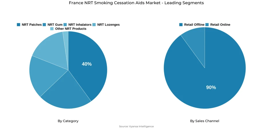 Pie chart showing France nrt smoking cessation aids market segmentation by category and sales channel