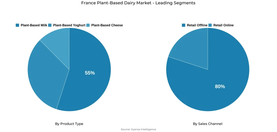 Pie chart showing France plant-based dairy market segmentation by product type and sales channel