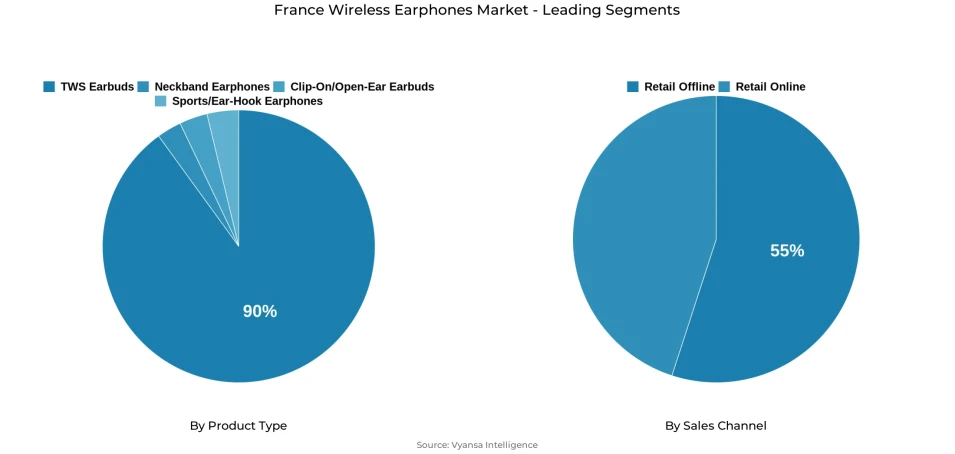 Pie chart showing France wireless earphones market segmentation by product type and sales channel