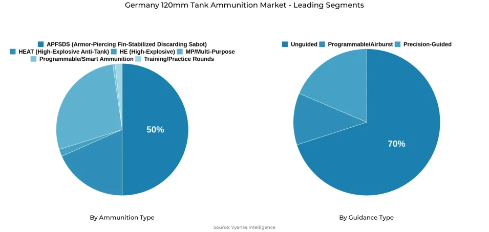 Pie chart showing Germany 120mm tank ammunition market segmentation by ammunition type and guidance type
