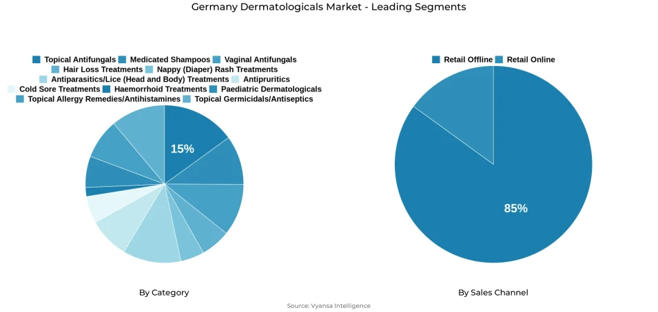 Pie chart showing Germany dermatologicals market segmentation by category and sales channel