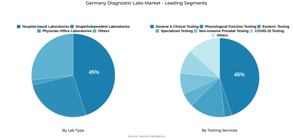 Pie chart showing Germany diagnostic labs market segmentation by lab type and testing services