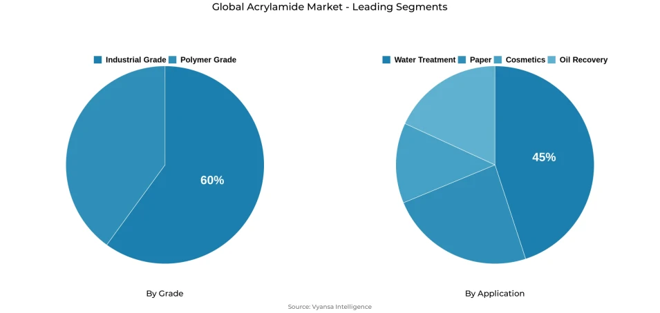 Pie chart showing global acrylamide market segmentation by grade and application