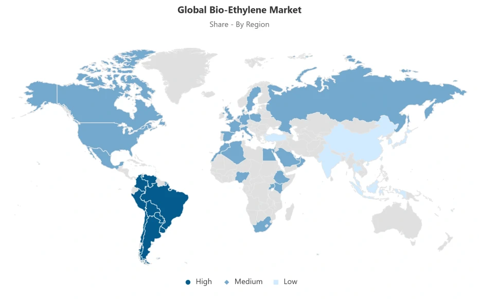 Global bio-ethylene market by region World map showing regional distribution of the global bio-ethylene market