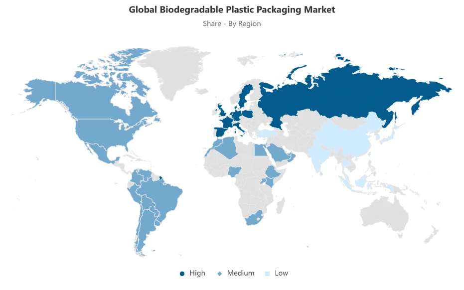 Global biodegradable plastic packaging market by region World map showing regional distribution of the global biodegradable plastic packaging market