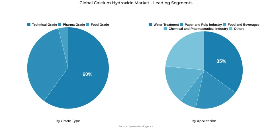 Pie chart showing global calcium hydroxide market segmentation by grade type and application