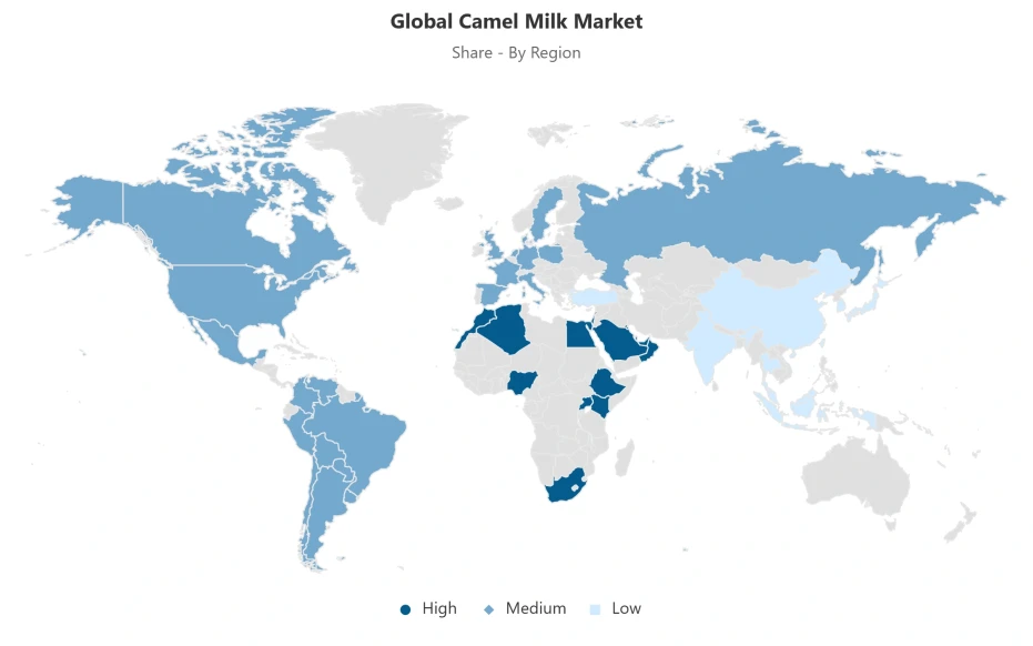 World map showing regional distribution of the global camel milk market