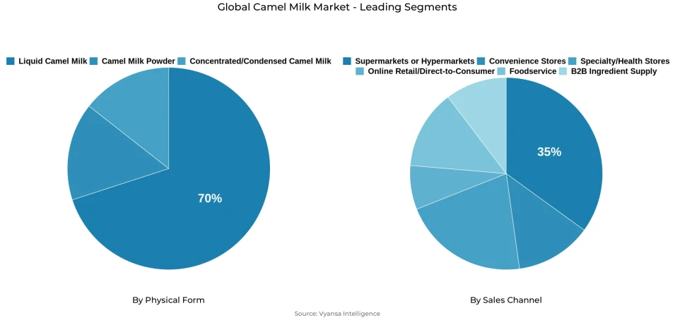 Pie chart showing global camel milk market segmentation by physical form and sales channel