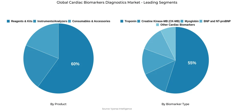 Global cardiac biomarkers diagnostics market segmentation overview Pie chart showing global cardiac biomarkers diagnostics market segmentation by product and biomarker type