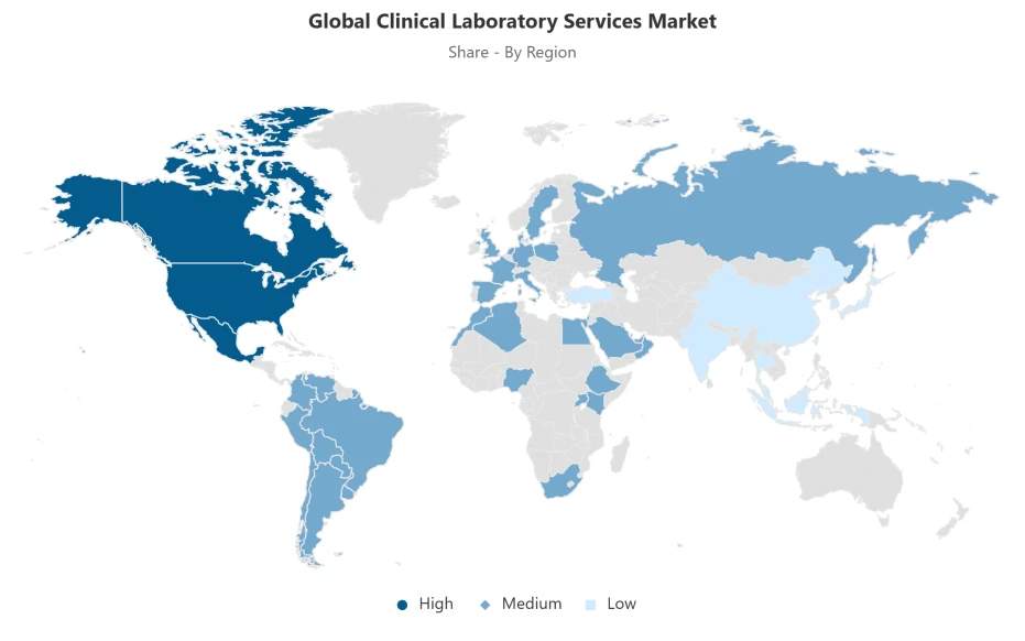 World map showing regional distribution of the global clinical laboratory services market