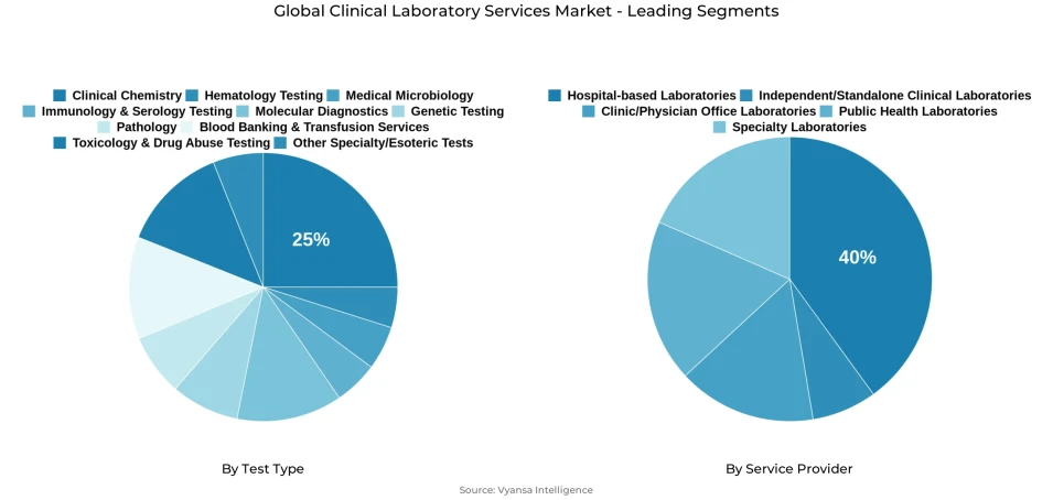 Pie chart showing global clinical laboratory services market segmentation by test type and service provider