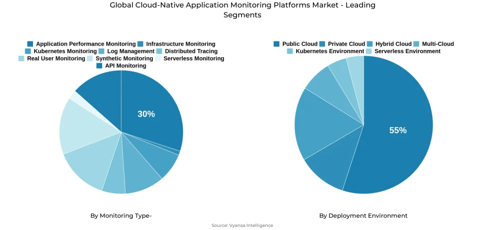 Pie chart showing global cloud-native application monitoring platforms market segmentation by monitoring type and deployment environment