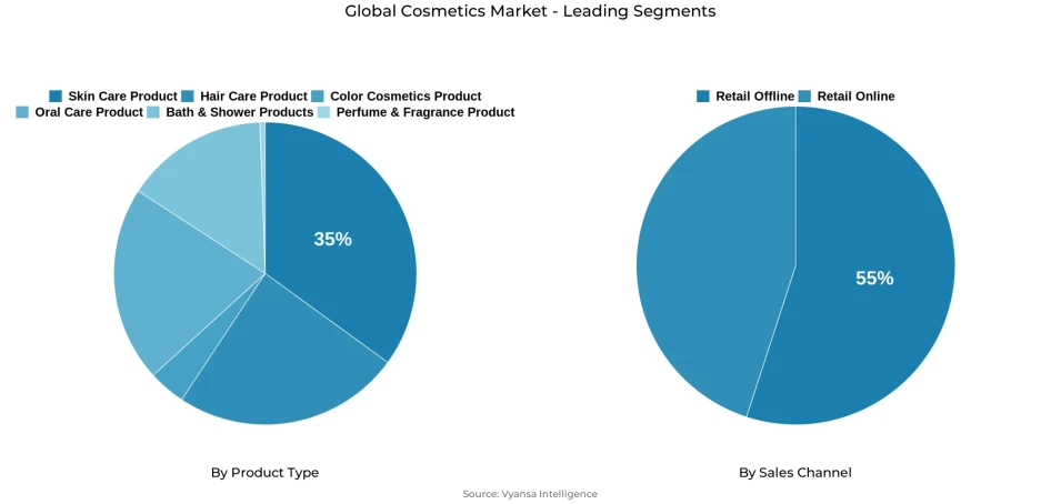 Pie chart showing global cosmetics market segmentation by product type and sales channel