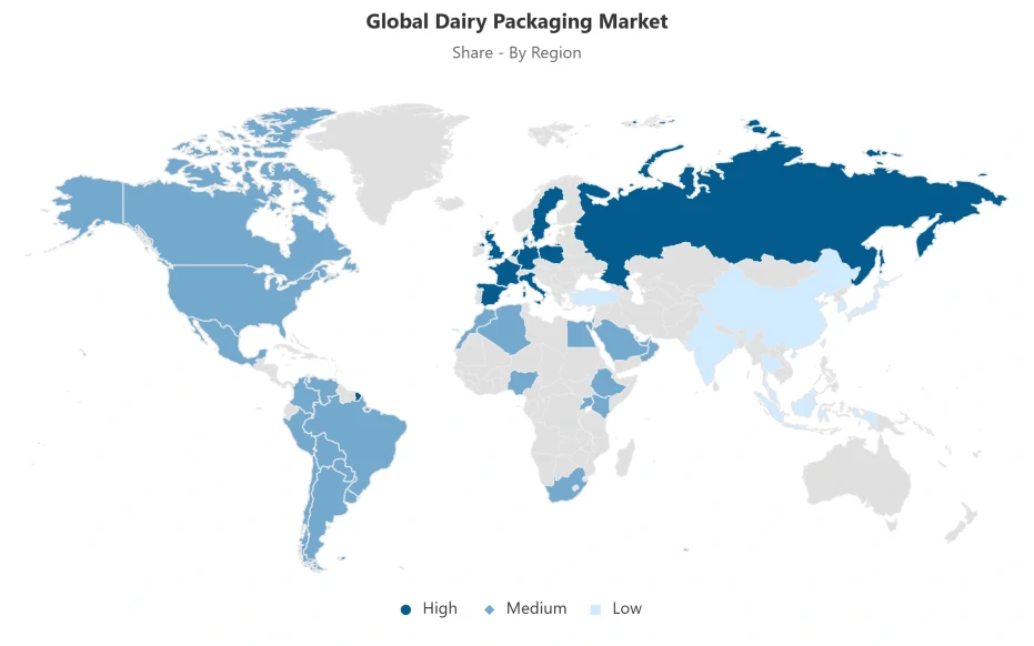 World map showing regional distribution of the global dairy packaging market