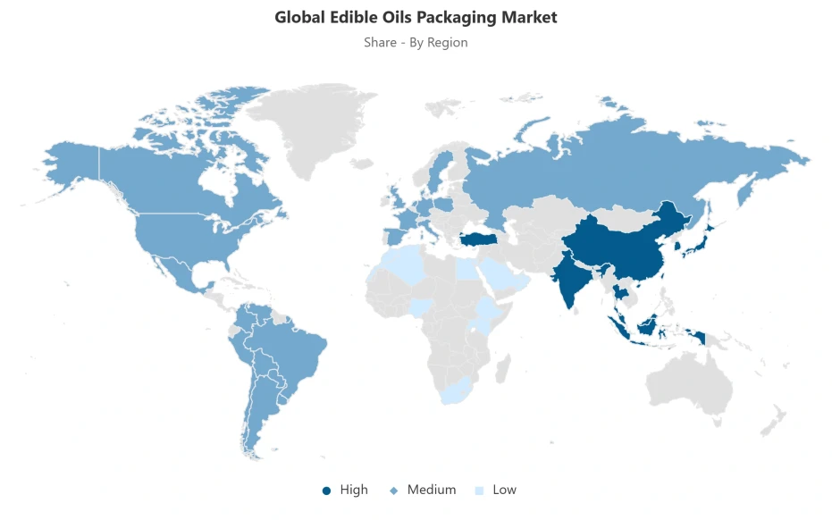 World map showing regional distribution of the global edible oils packaging market