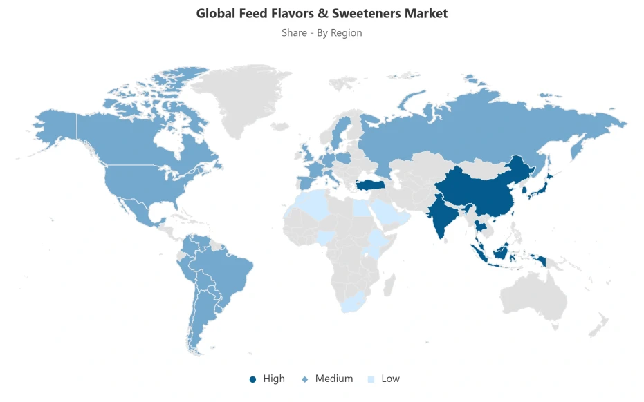 Global feed flavors & sweeteners market by region World map showing regional distribution of the global feed flavors & sweeteners market
