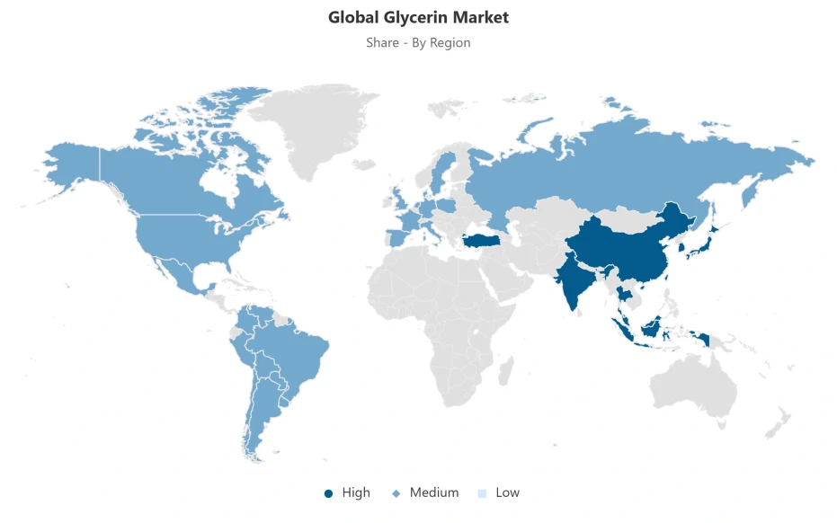 World map showing regional distribution of the global glycerin market