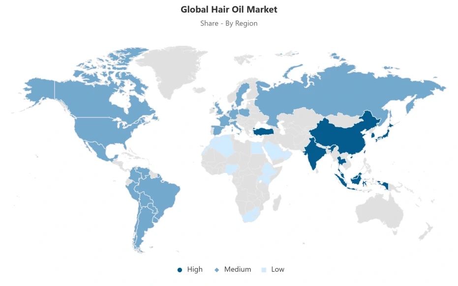 World map showing regional distribution of the global hair oil market