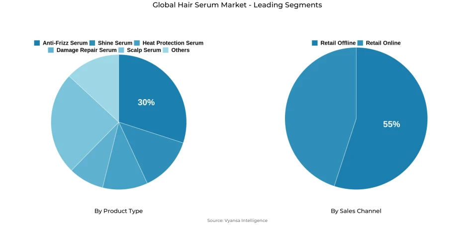 Pie chart showing global hair serum market segmentation by product type and sales channel