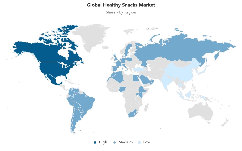 World map showing regional distribution of the global healthy snacks market