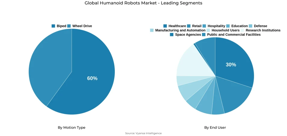 Global humanoid robots market segmentation overview Pie chart showing global humanoid robots market segmentation by motion type and end user