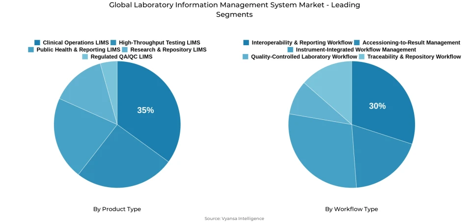 Pie chart showing global laboratory information management system market segmentation by product type and workflow type