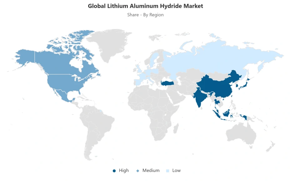 World map showing regional distribution of the global lithium aluminum hydride market