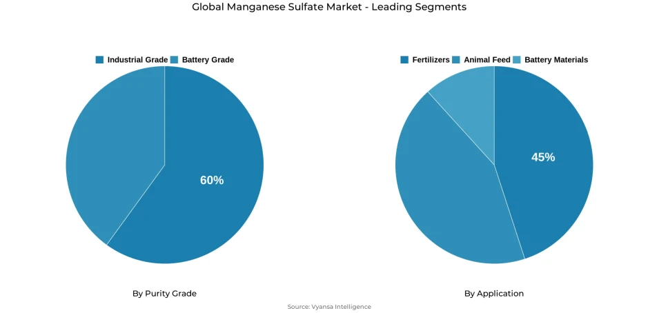 Global manganese sulfate market segmentation overview Pie chart showing global manganese sulfate market segmentation by purity grade and application
