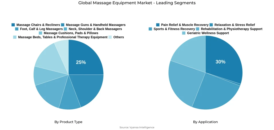 Pie chart showing global massage equipment market segmentation by product type and application