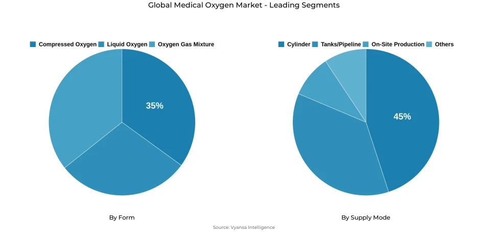 Global medical oxygen market segmentation overview Pie chart showing global medical oxygen market segmentation by form and supply mode