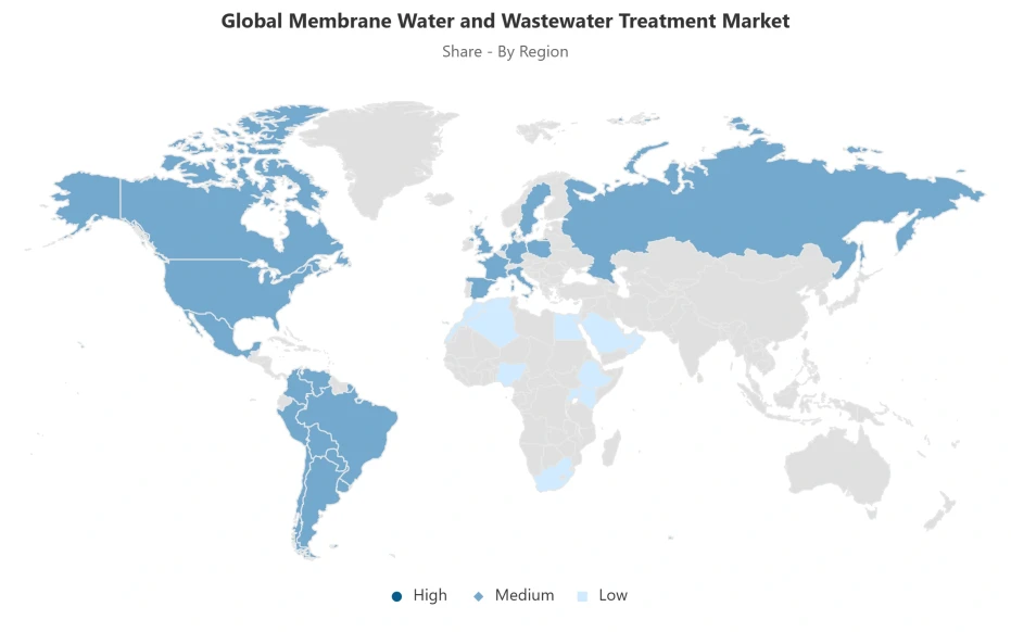 World map showing regional distribution of the global membrane water and wastewater treatment market