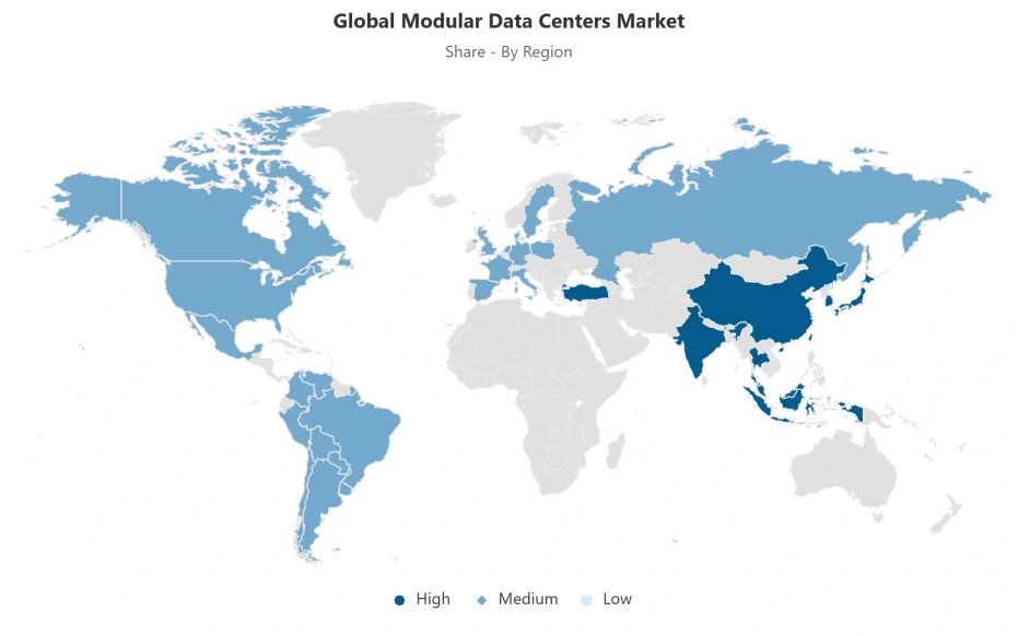 Global modular data centers market by region World map showing regional distribution of the global modular data centers market