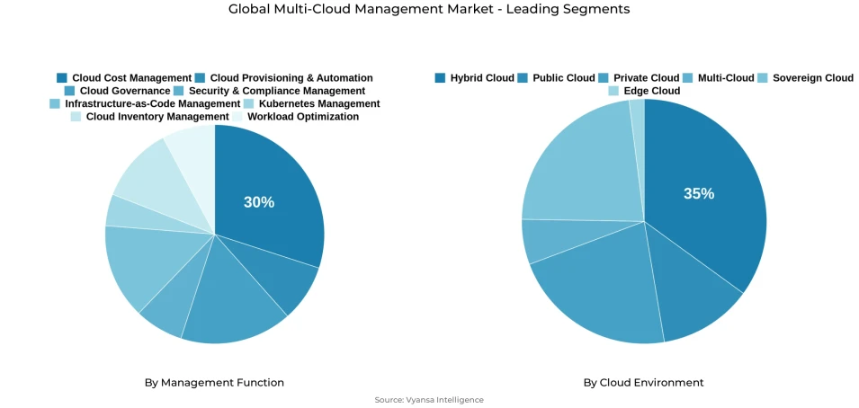 Global multi-cloud management market segmentation overview Pie chart showing global multi-cloud management market segmentation by management function and cloud environment