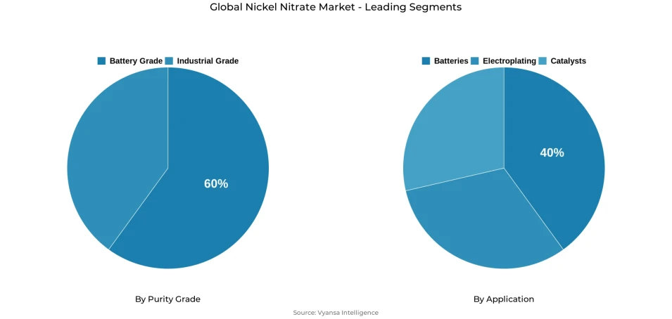 Global nickel nitrate market segmentation overview Pie chart showing global nickel nitrate market segmentation by purity grade and application